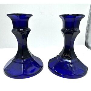 Libbey Cobalt Blue Glass Candlesticks Candle Holders Six Panel Set Of (2) 4 1/4"